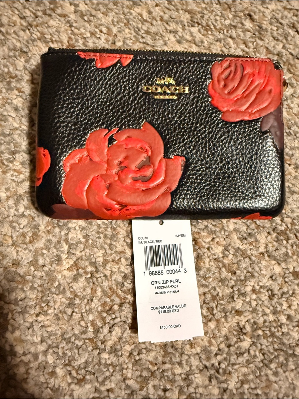 Coach Black Leather Zip Wallet with Red Rose Print
